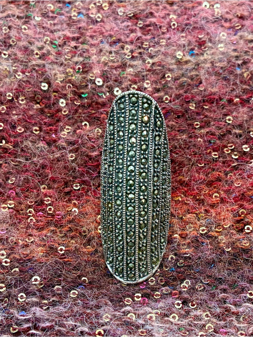 Vintage Sterling Silver Marcasite Oval Statement Ring.